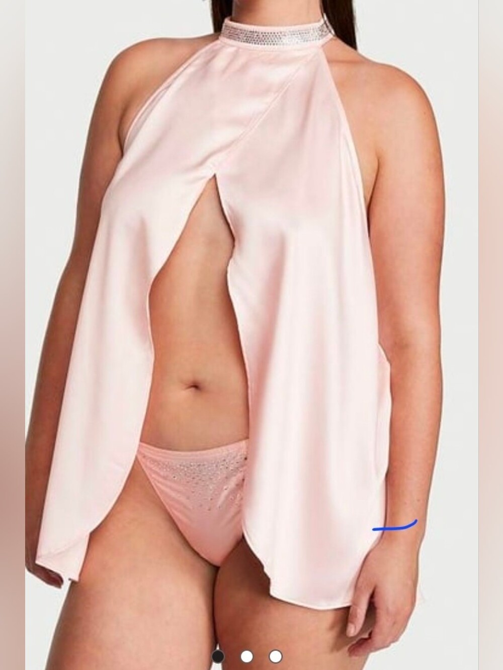 Women's Pink Satin Babydoll Set with Embellished Thong